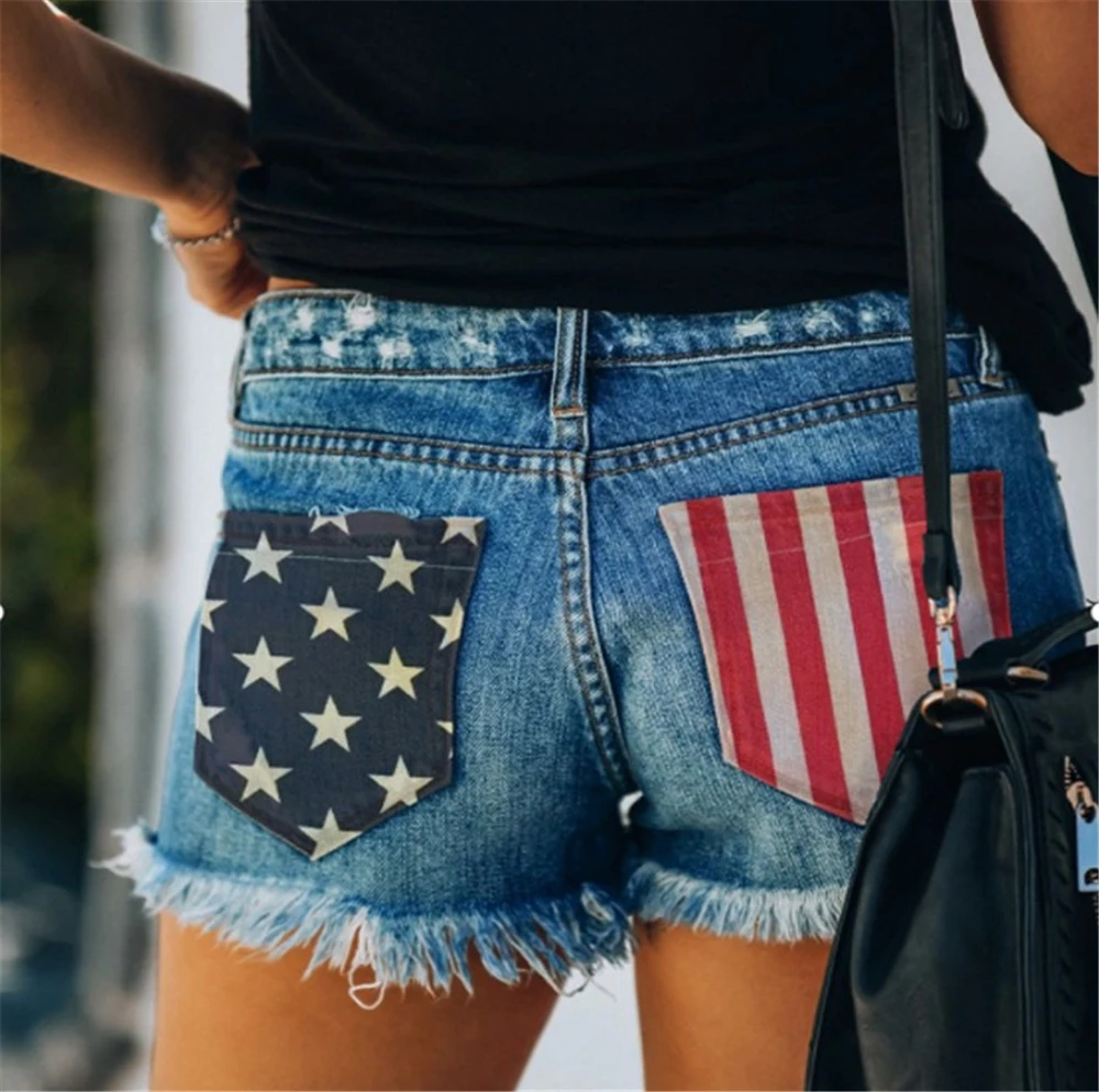 2022 damska wydrukowana amerykańska flaga Burr Hole Tassel Denim Shorts