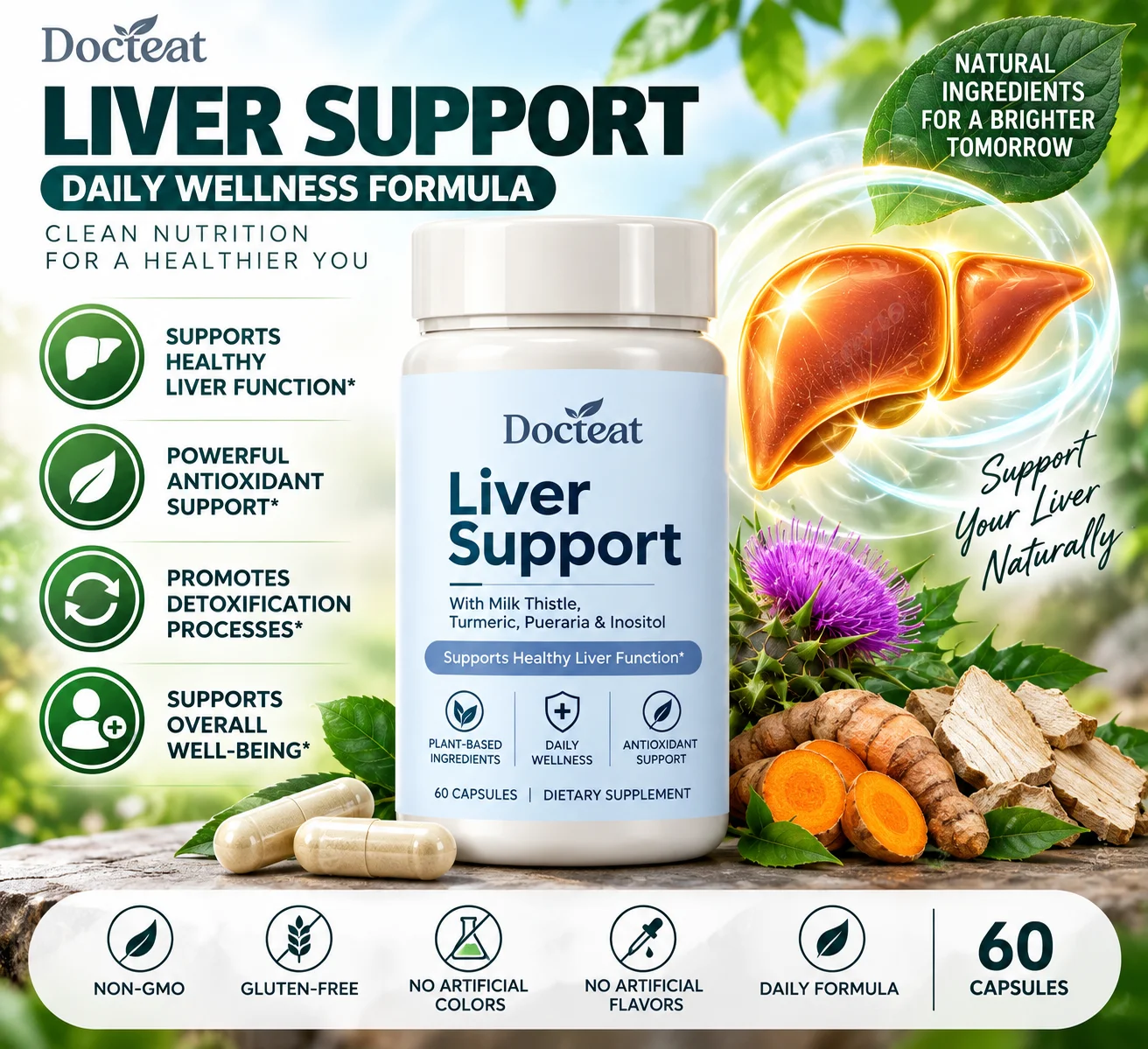 Maintenance Liver Support Capsules with Vitamin C and Vitamin E Plus Turmeric and Milk Thistle for Vitality, 60 Capsules