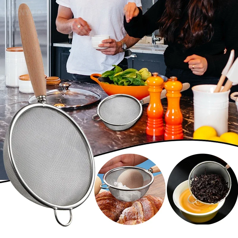 304 Stainless Steel Mesh Filter Spoon with Wooden Handle Flour Filter Strainers Tea Colanders Baking Tools Kitchen Supplies
