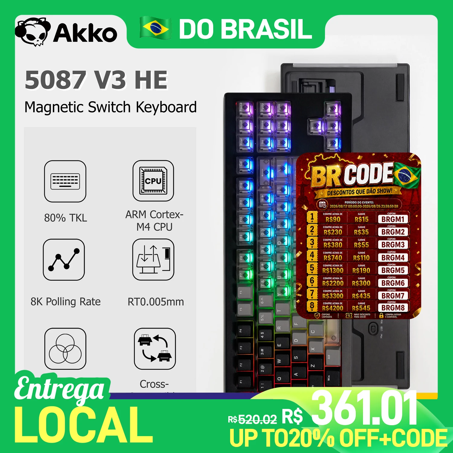 Teclado Gamer Personalizado Akko 5087 V3 HE com Switches Magnéticos, Rapid Trigger 0.005mm, Layout TKL 80%, Taxa de Polling 8K, Conexão Tipo-C com Fio
