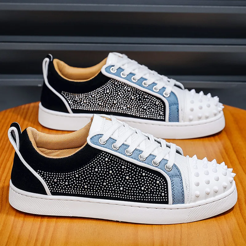 Spring Shoes for Men Casual Shoes Trend Rivet Crystal Flat Skateboard Shoes Youth Street Cool Sneaker