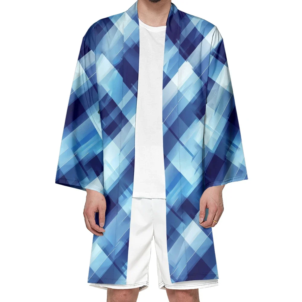 Autumn Samurai Kimono Cosplay Japanese Fashion Stylish Haori Plaid Kimono Men Cardigan Casual Robe Elegant Yukata