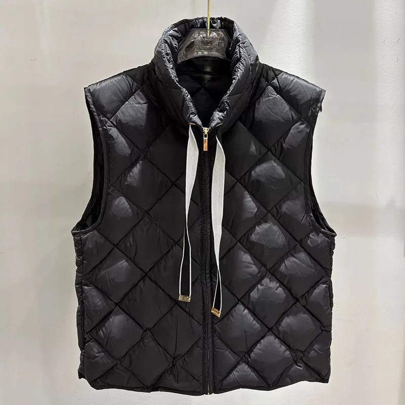 Schinteon 여성용 90% 화이트 덕 다운 베스트 캐주얼 민소매 재킷 스탠드 칼라 아가일 심플 패셔너블 가을 겨울 탑 신상품