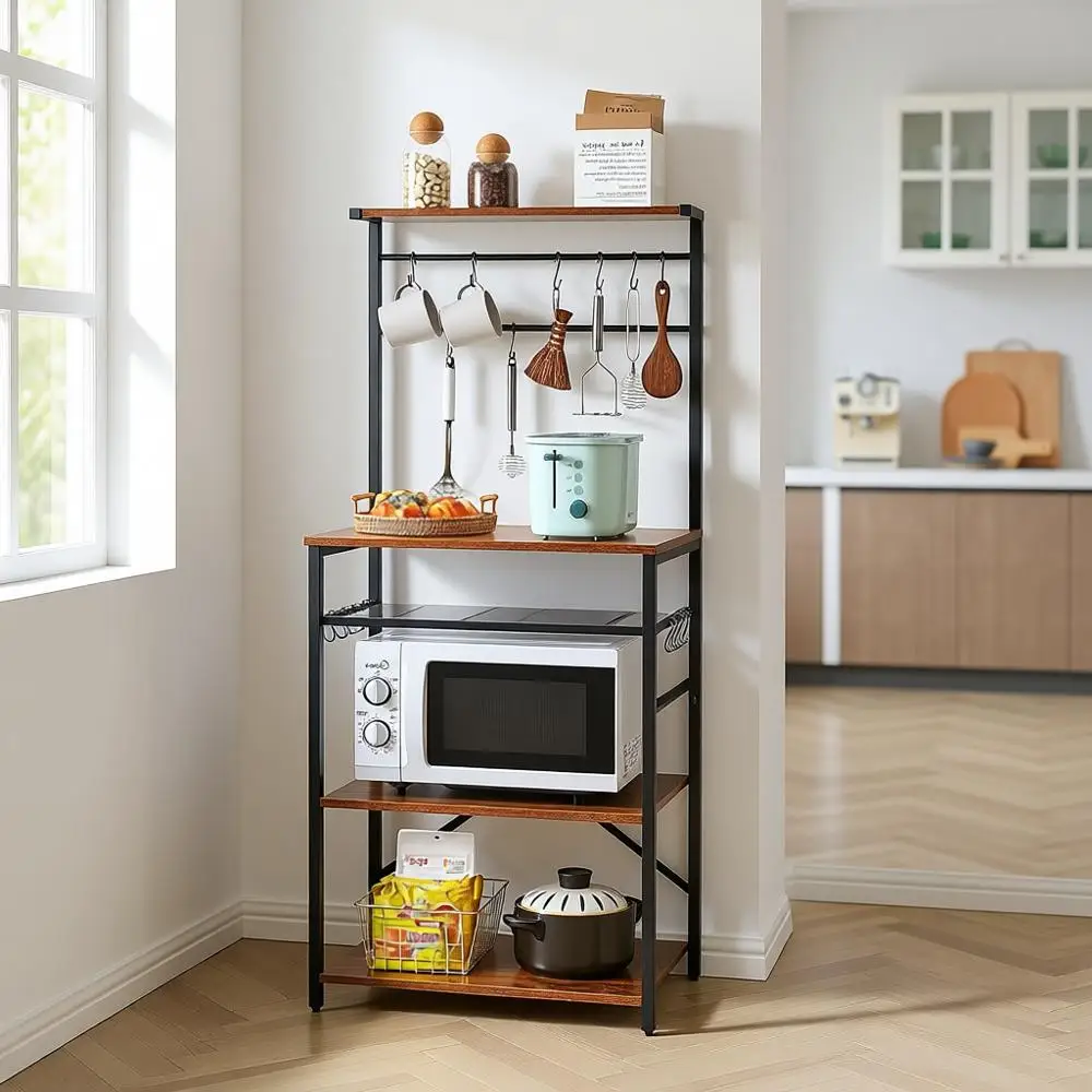 

Металлическая кухонная полка-стеллаж в деревенском стиле коричневого цвета с местом для хранения, подставкой для микроволновки и регулируемой винной полкой