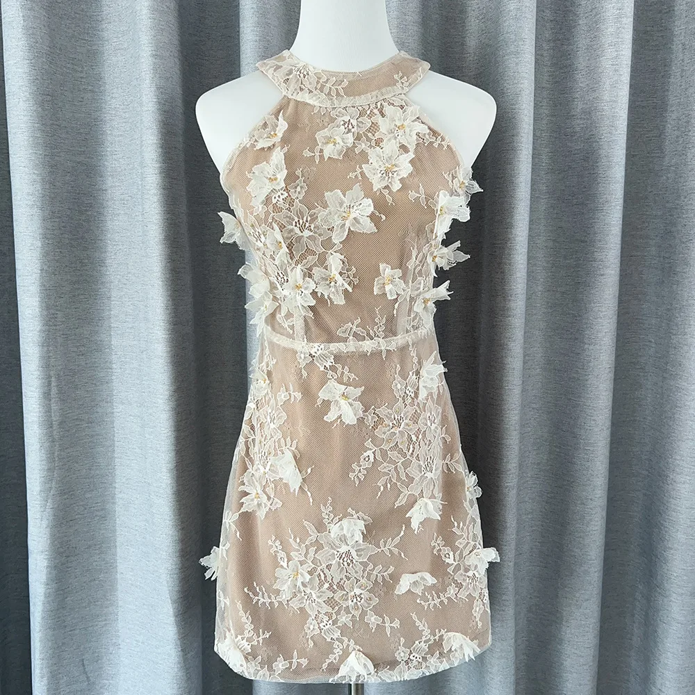 موضة جديدة المرقعة زهرة فساتين للنساء الرسن طوق أكمام عالية الخصر عارية الذراعين أنيقة فستان حفلة صغيرة الإناث