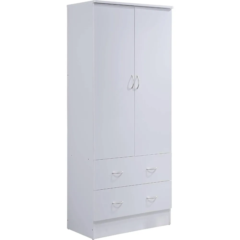 

2 Door Wood Wardrobe Bedroom Closet with Clothing Rod inside Cabinet and 2 Drawers for Storage