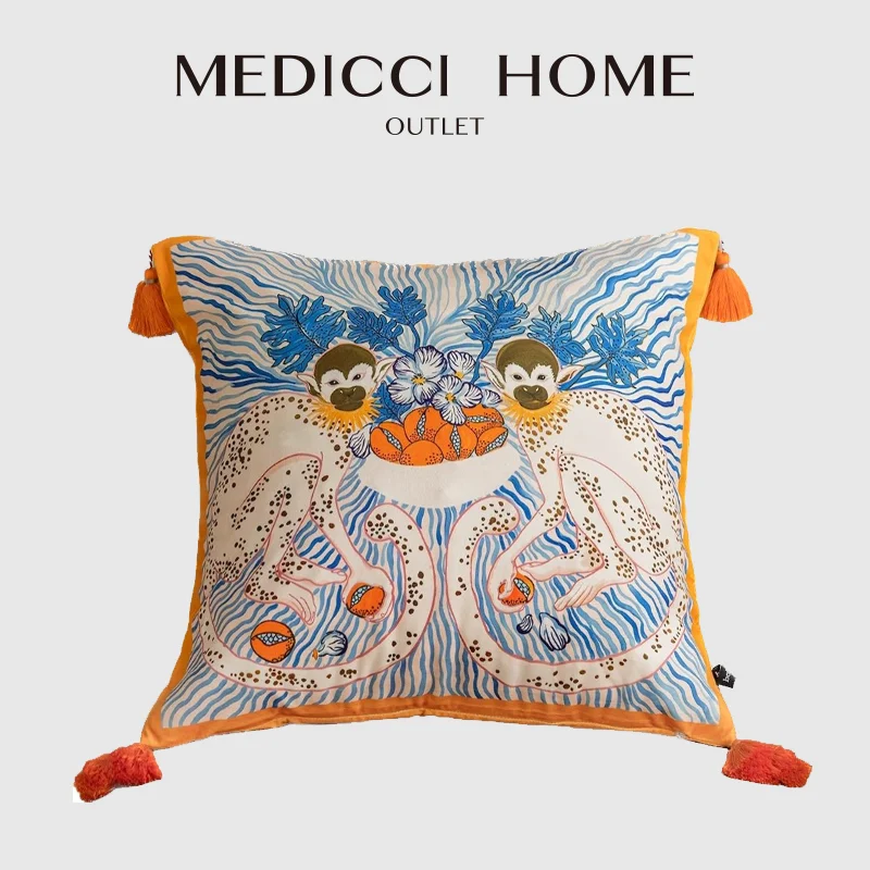 Medicci Home Luxury Tessel Throw Pillow Cover Guenon Monkey Floral Decorative Accent Cushion Case Eclecticism Style Home Decor