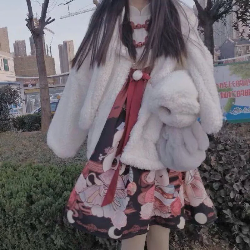 Chaqueta de Cachemira de imitación con capucha para mujer, abrigo de gran tamaño con cremallera, suave, con orejas de conejo, con relleno de terciopelo, estilo Harajuku Kawaii, para invierno, 2023