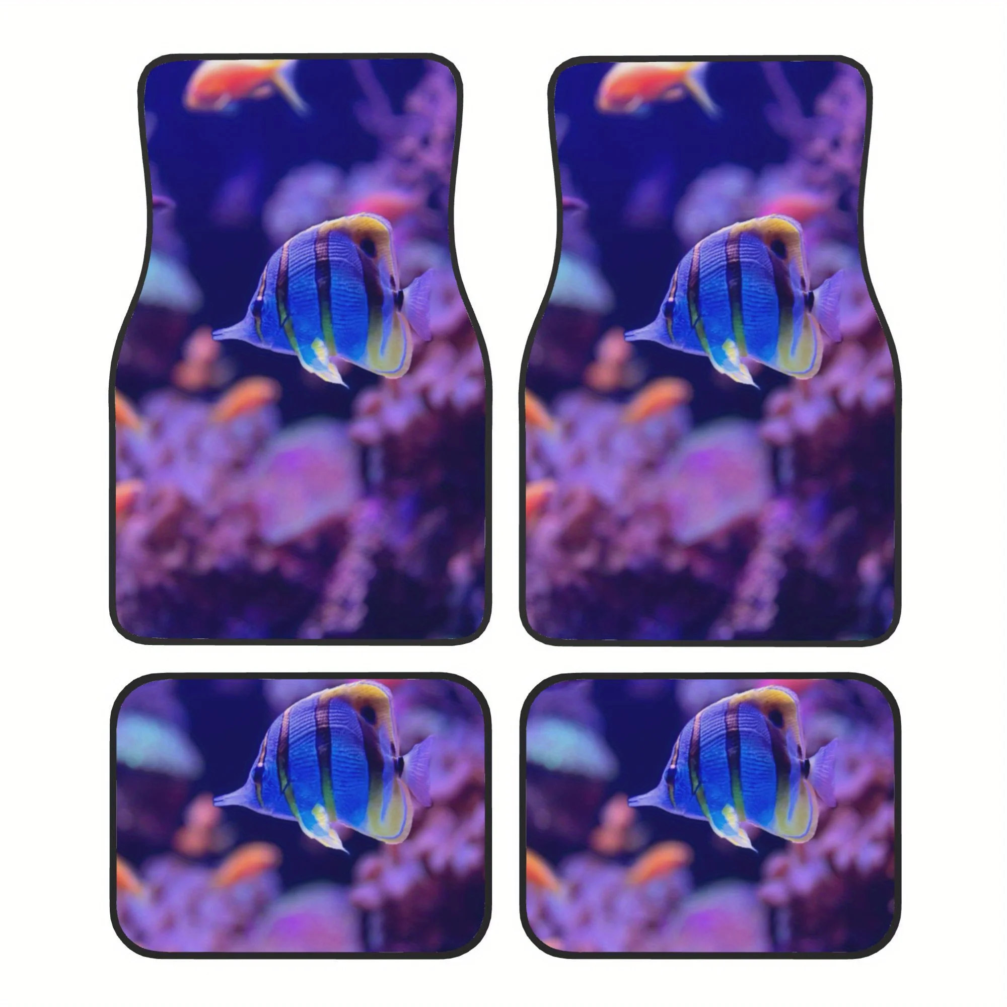 4pcs Close Up Of A Group Of Fish Swimming In An Aquarium Pattern Universal Car Floor Mats - Polyester Material, Non-Slip Liner,