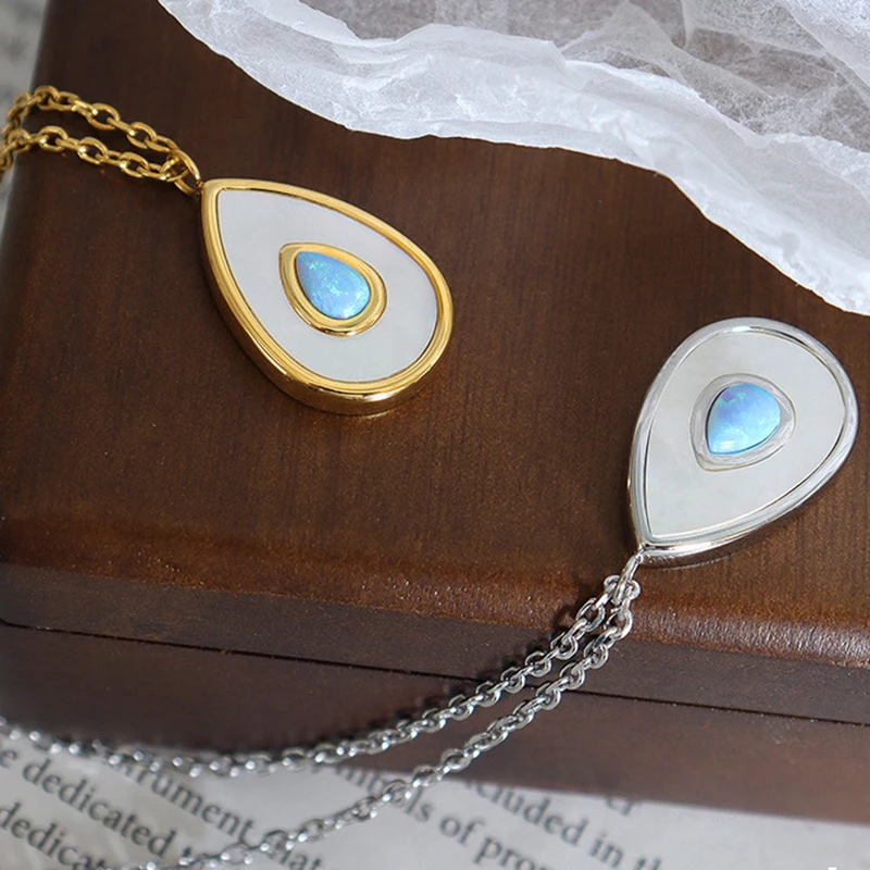 New Sparkle Blue Opal White Shell Avocado Pendant Necklace Stainless Steel Waterdrop Charm Collar Waterproof Jewelry for Women