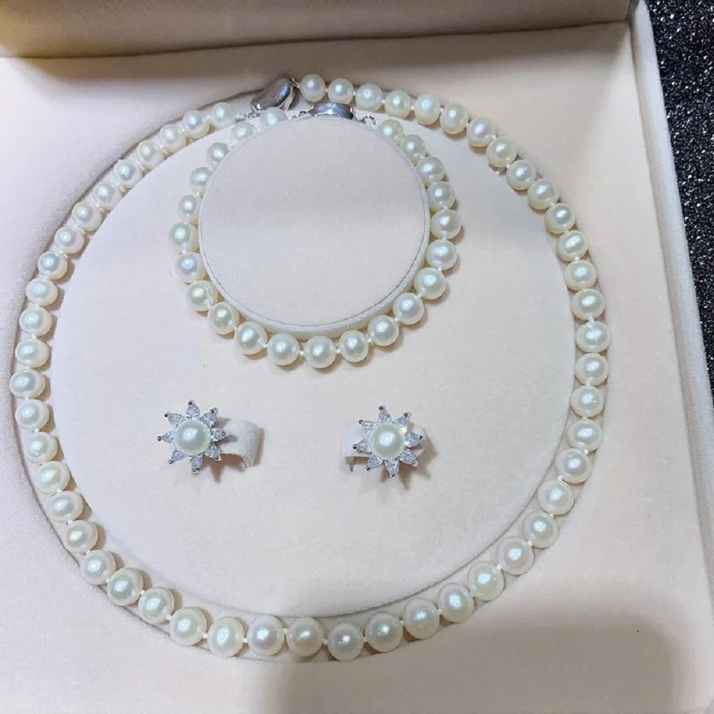 Natural AAAA8-9mm Pearl Necklace 18in+Bracelet 7.5-8in Earrings 3-Piece Set 925s- view 2