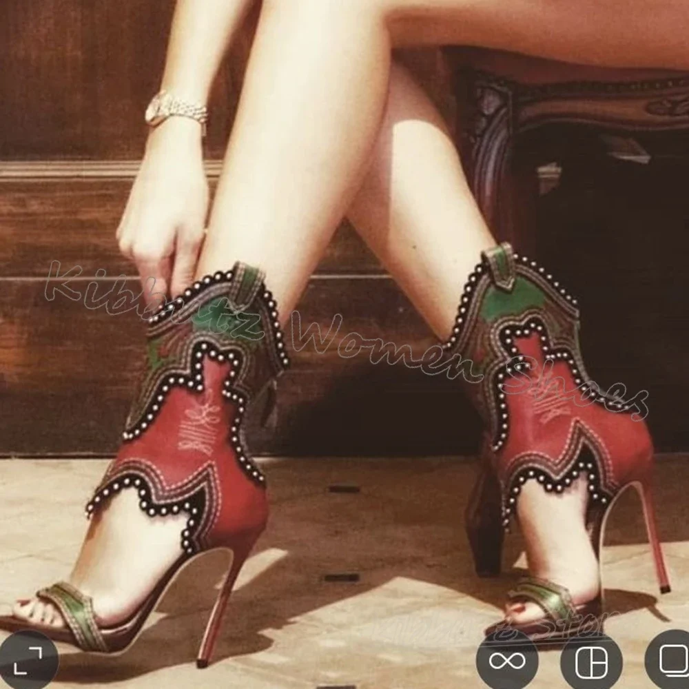 Sandals Boots Patchwork Crystal Glossy Mixed Color Round Toe Thin Heel Back Zipper Sexy Fashion Luxury Elegant Novelty Shoes New