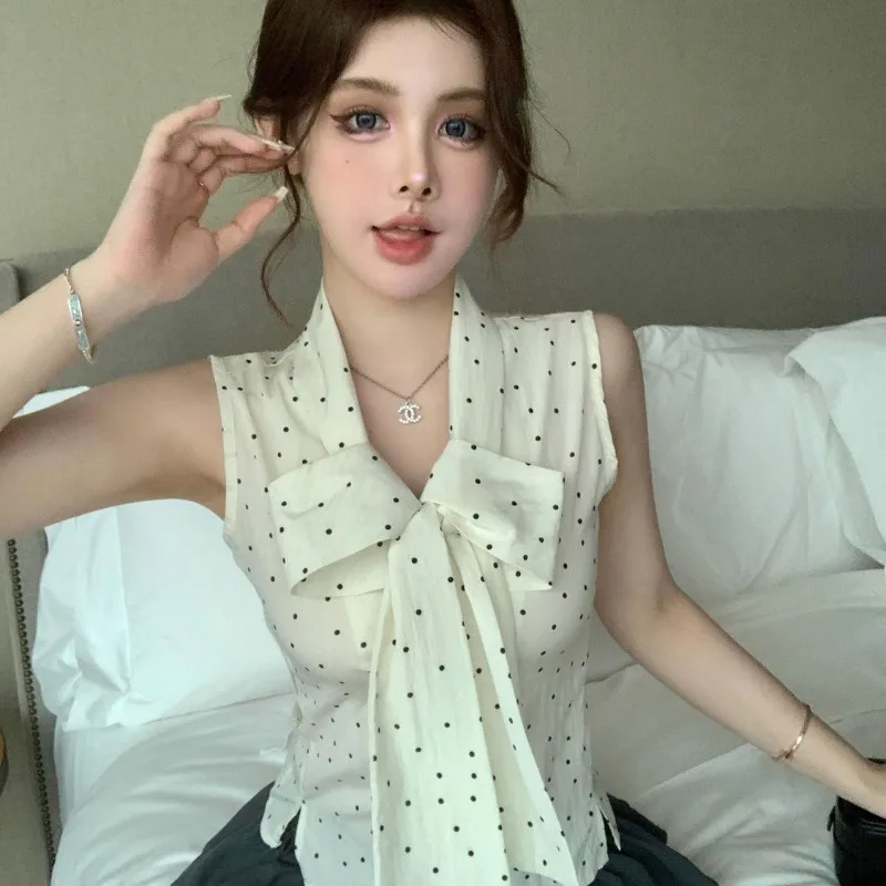 

Women Summer Elegant Temperament Polka Dot Solid Color Sleeveless Shirts Ladies Fashion Bow Slim Appear Thin All-match Tops