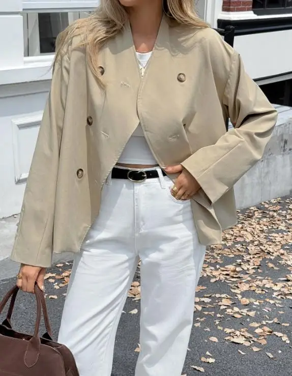 

Leisure Vacation Style Coat, 2025 Autumn Solid Color V-Neck Double Breasted Women's Commuting Style Short Windbreaker Jacket