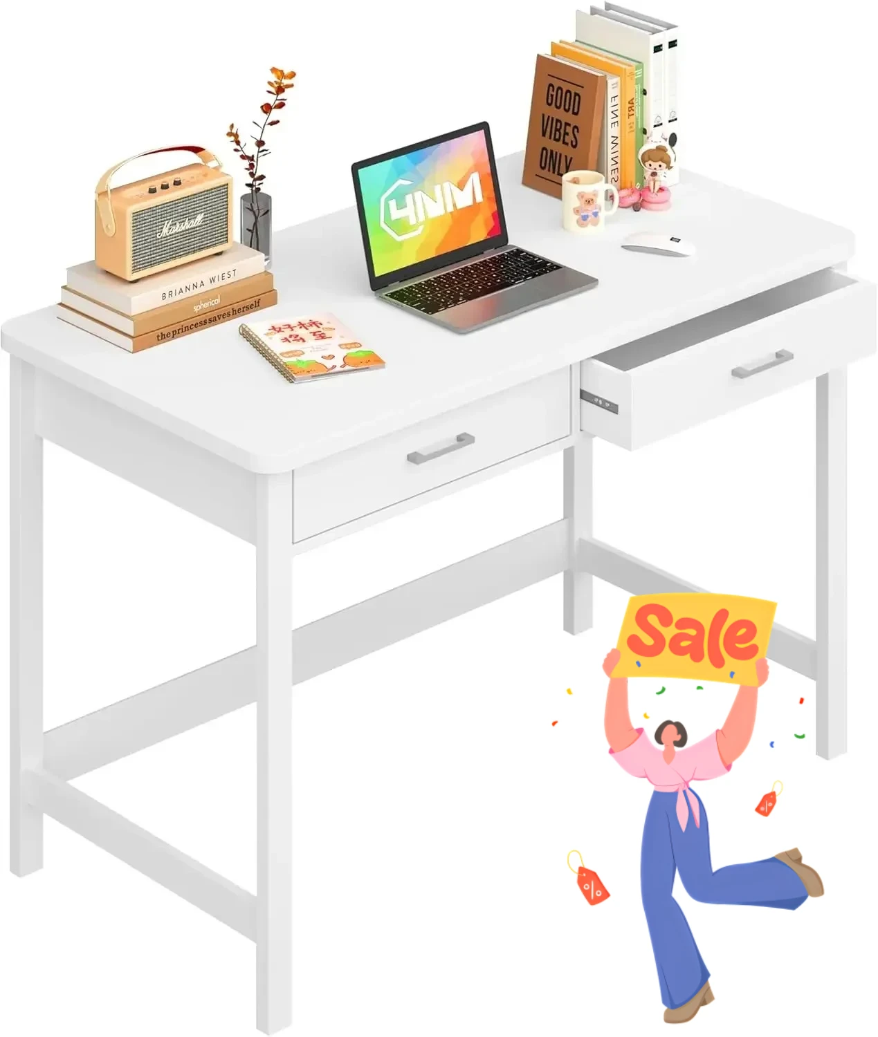 

39.4" Small Desk with Wood Drawers, Home Office Computer Desk with Wooden Legs, Study Writing Table Vanity Desk , White