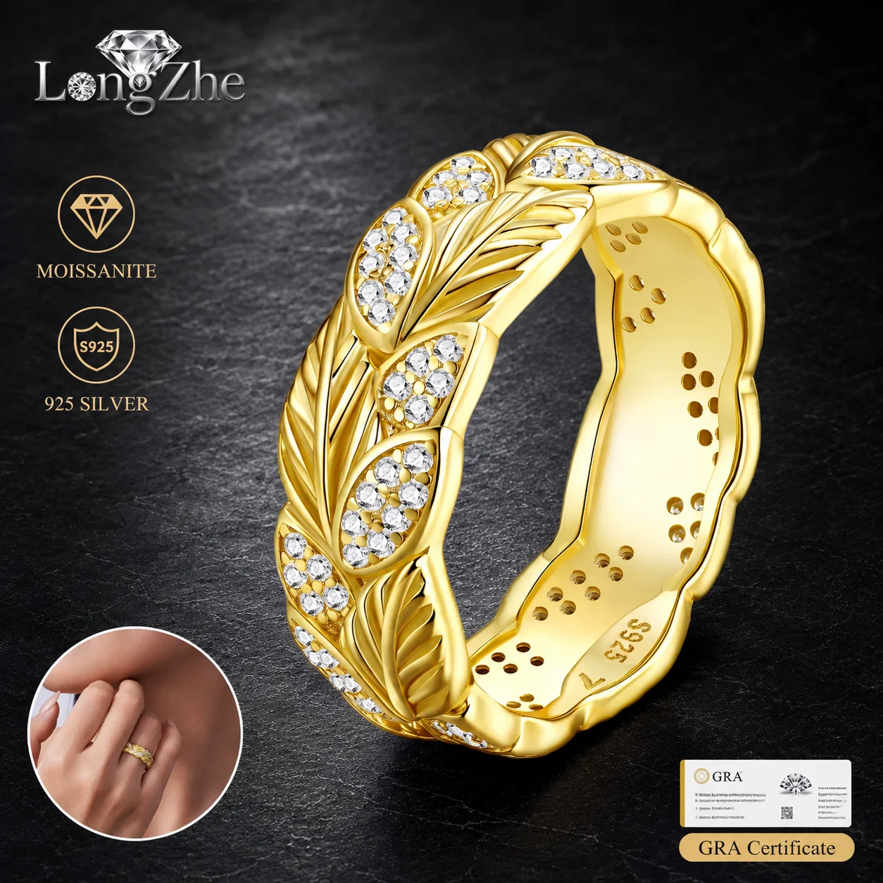 

S925 Silver Moissanite Band Ring Round Cut Pave Laurel Leaf Design Gold Plated for Women Daily Wear Birthday Jewelry Gift