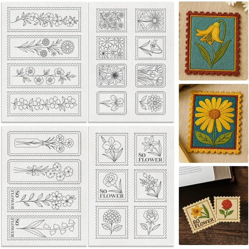 22 Stück Stempelblumen Wasserlösliche Handnäh-Stabilisatoren 8,3"x11,7" Stempel-Lesezeichen Stickmuster-Stabilisator