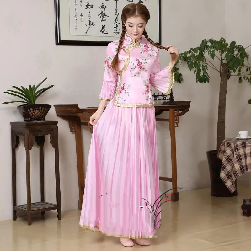 

Chinese Antique Elegant Hanfu Women Cheongsam Traditional Opera Dance Stage Performances Team Costumes