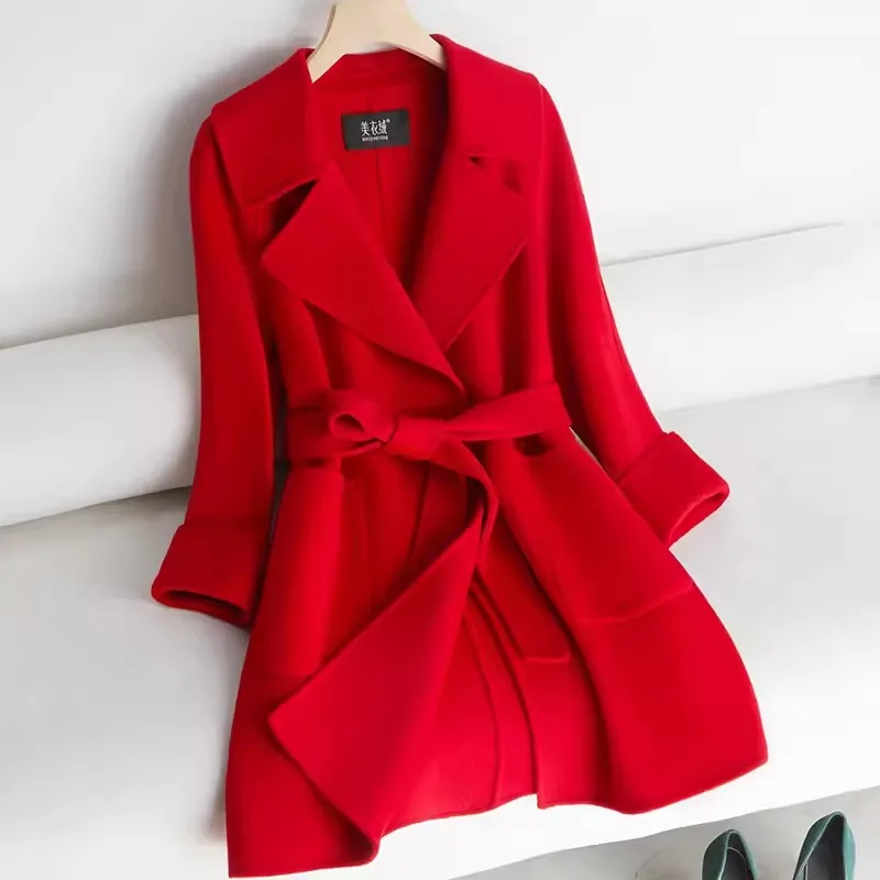 Red Double-sided Cashmere Coat Women Medium long 2024 Autumn Winter New Slim Wool Overcoat With belt Female Temperament Coats