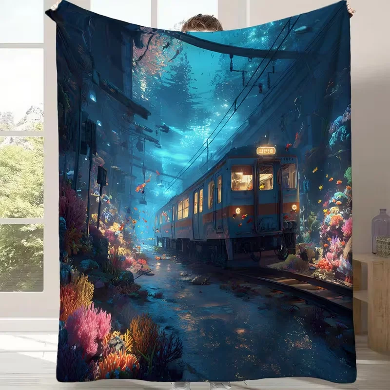 Fantasy Underwater Train Throw Blanket Ocean Coral Fish Anime Scene Print Soft Cozy Room Decor Blanket