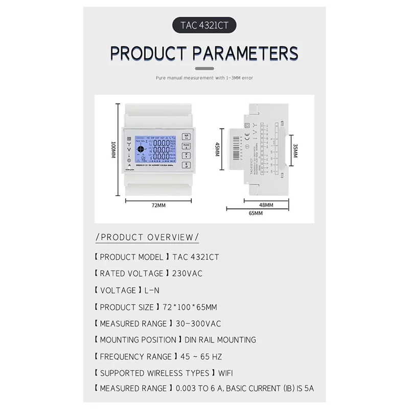 TAC4321CT Three Phase Din Rail Wifi Tuya Mutil-Function Energy Meter With KCT16 Current Transformer 230/400VAC-N35R