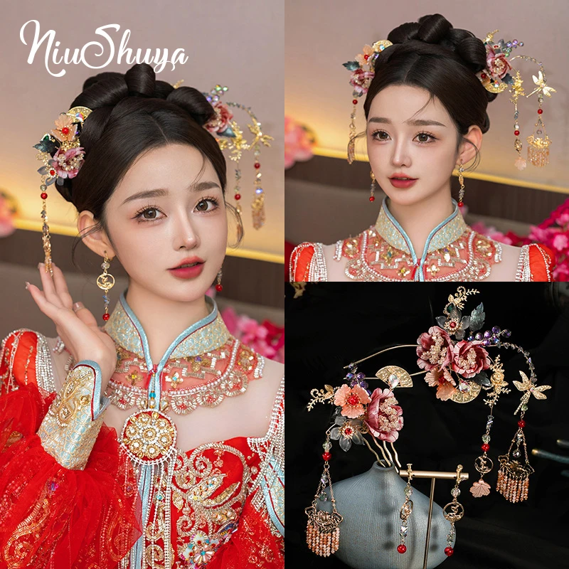 

NiuShuya New Red Retro Chinese Flower Tassel Bridal Hairpins Ancient Style Wedding Dress Xiuhe Costume Head Decoration Accessory