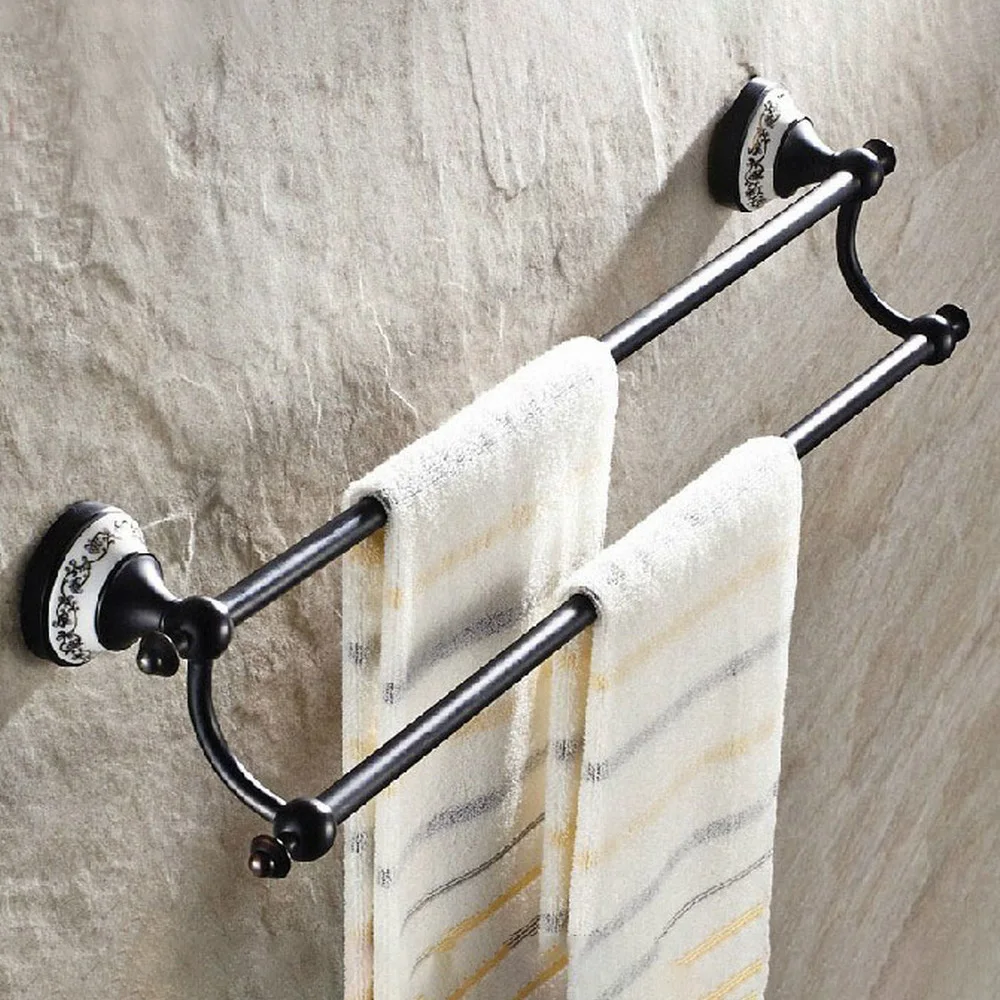 

Towel Bars 60cm Double Rails Black Oil Rubbed Brass Wall Shelves Towel Holder Bath Shelf Hanger Bathroom Accessories Nba060