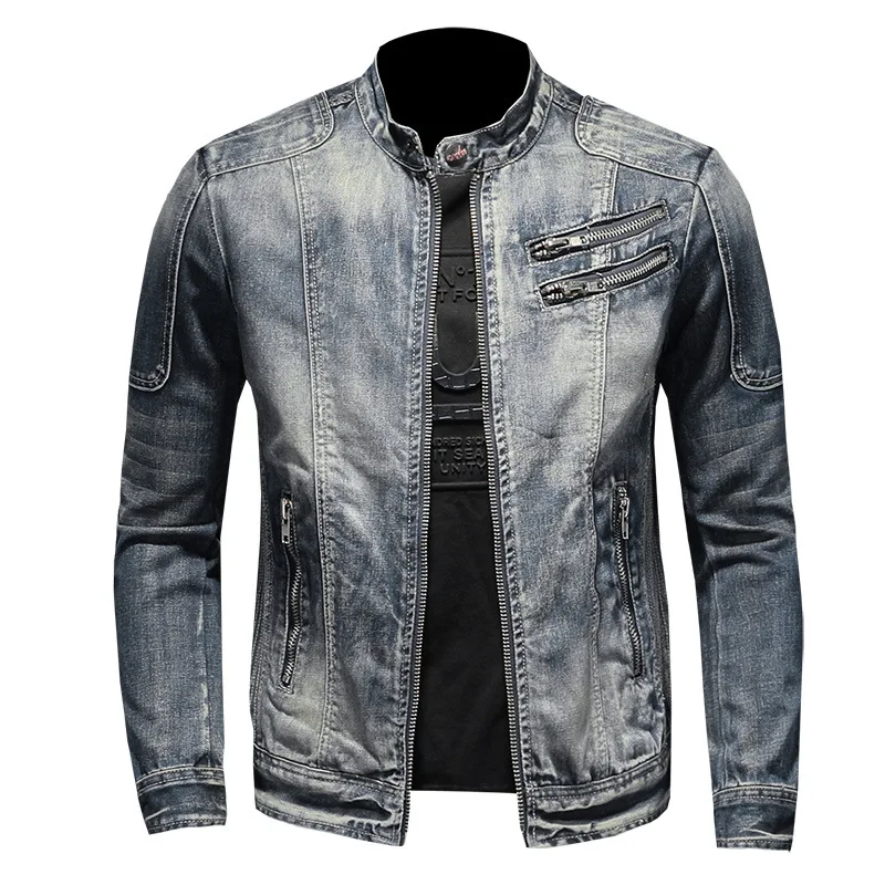 2024 New Fashion Slim Fit Men's Stand UP Collar Zipper Motorcycle Denim Jacket