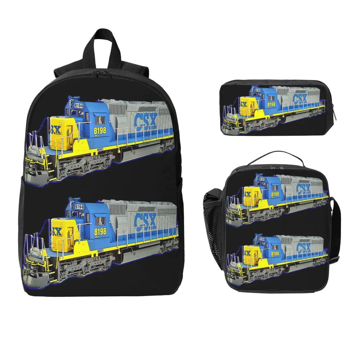 Freight Train CSX Engine Backpack Student Boy Girl BookBag School Bag Computer Shoulder Bags 3ps Insulated Lunch Bag Pencil Case