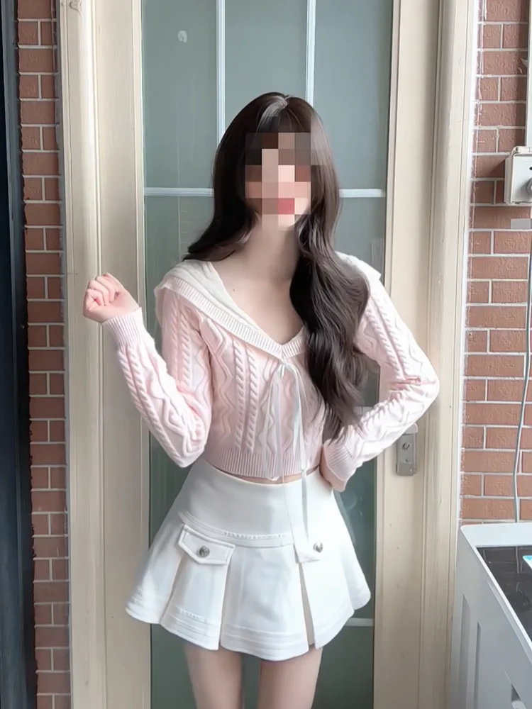 

Pink Knitted Sweater And Skirt Set Women's Faion Autumn Winter Outfit f-length Pleated Skirt Two-piece Ensemble