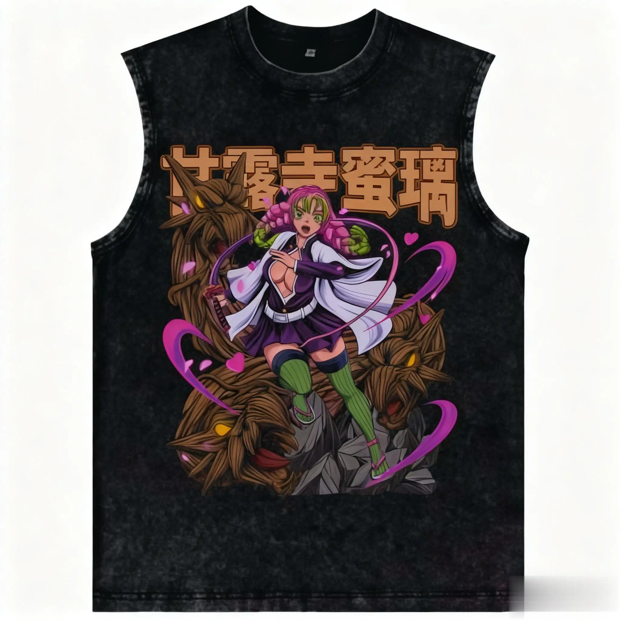 

Vintage Wash Sleeveless Tshirt Man Women Tank Top Demon Slayer Anime Printed Gym Vest Streetwear Harajuku Oversized New Arrival