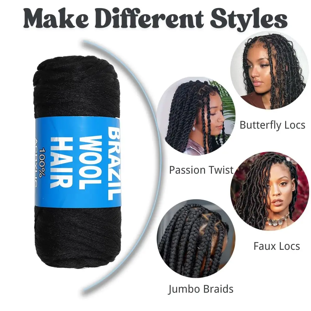 Multicolored Brazil Wool Hair, Acrylic Extension Yaki Synthetic Hair Senegalese Twist Faux Locs Wraps Jumbo CrochetBraiding Hair