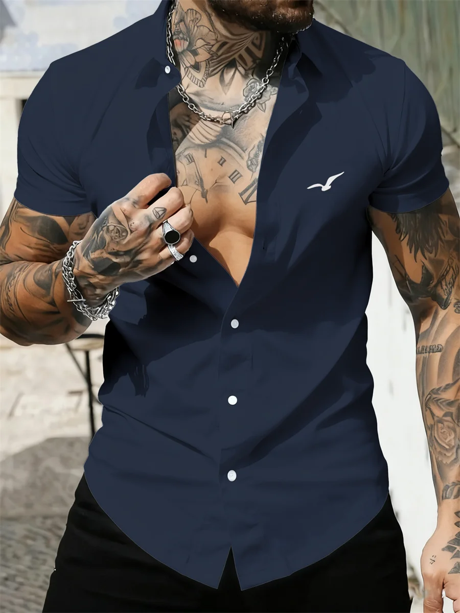 قميص رجالي بأكمام قصيرة مع طباعة النورس ثلاثية الأبعاد، نمط عطلة غير رسمي، قميص هاواي، قميص رجالي بلون موحد، مقاسات S-6XL. #4