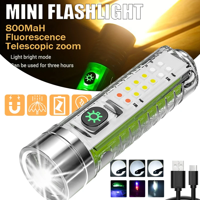 

USB Rechargeable LED Flashlight LED Mini Keychain Light with Tail Magnet UV Light Multifunction Portable Torch Camping Lights