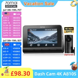 70mai Dash Cam 4K A810S HDR IMX678 Supercapacitor 4G LTE Remote Control Wi-Fi 6 Voice Control GPS ADAS Car Camera 70mai A810S