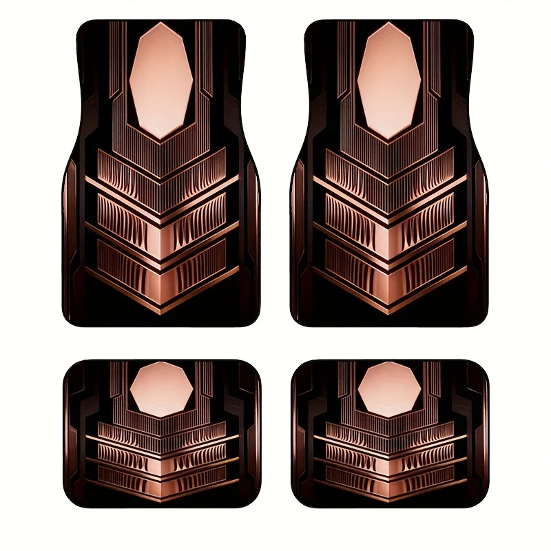 4pcs Copper Black Mecha Geometric Style Car Mats, Trendy Wear-Resistant Non-Slip Car Floor Mats, 4pcs Set For Cars, Trucks, And