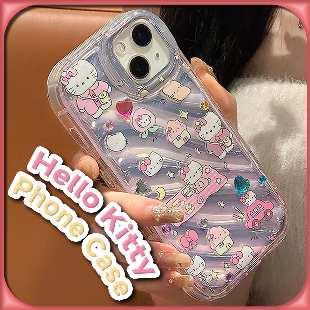 Kawaii Tan Hello Kitty المضادة للخدش جراب هاتف آيفون 14 13 12 11 XS/XR Pro Max سانريو أنيمي بلينغ بلينغ الغطاء الواقي