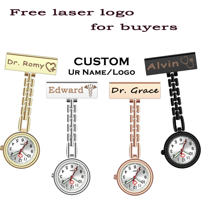 Customized Engraved Your Name Personalized LOGO Lapel Pin Brooch Midwife Doctor Clock Medical FOB Hanging Pocket Nurse Watch