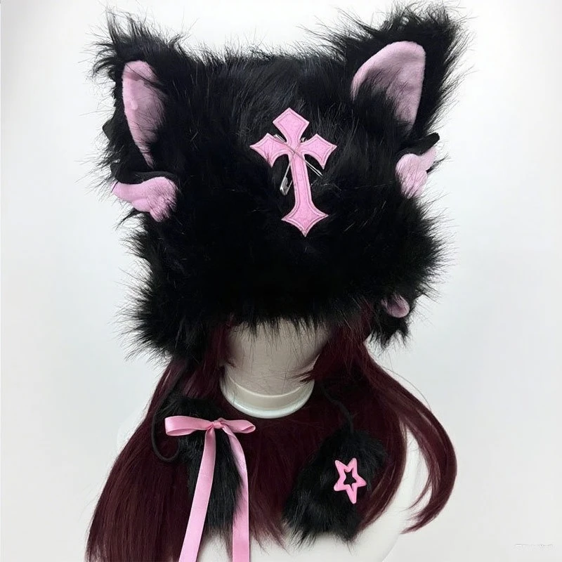 Japanese Subculture Cat Ears Hats Women Y2k Faux Fur Warm Black Caps Kawaii Clothing 2000s American Vintage Punk Gothic