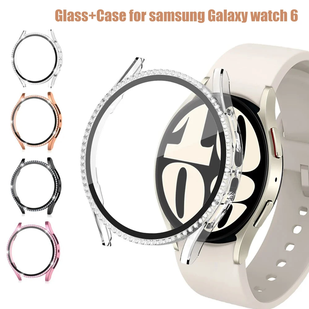 

Glass+Case for samsung Galaxy watch 6 accessoires Bling Diamond PC bumper+Screen protector watch6 watch4 watch5 44mm 40mm Cover