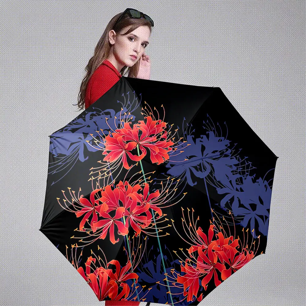 Red and Blue Spider Lilies on Black Background Umbrella Design Portable Folding Umbrella, Gift for Family And Friends