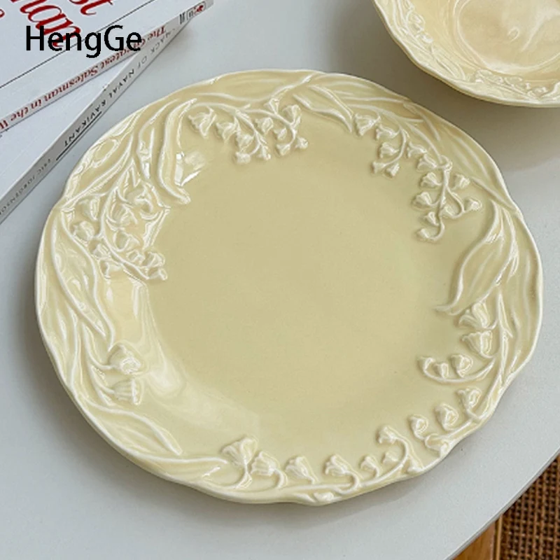 French Relief  Ceramic Plate Light Luxury Bluebells Dining Plate Dessert Bowl White High End Fish Plates Dishes Home Tableware