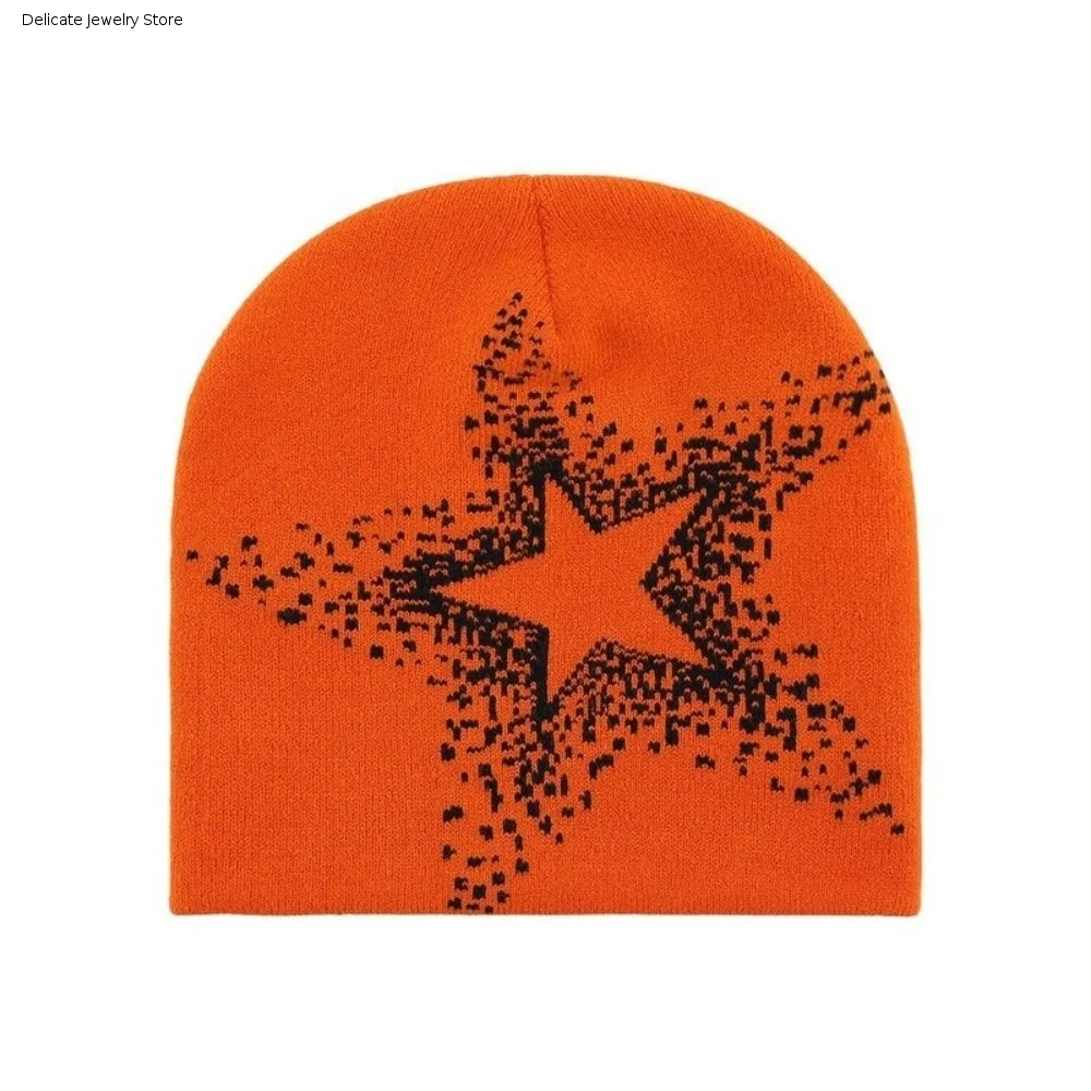 Cool Jacquard Star Knitted Hat Cashmere Warm Pullover Cap Elastic Pentagram Y2k Beanie Hat Hip Hop