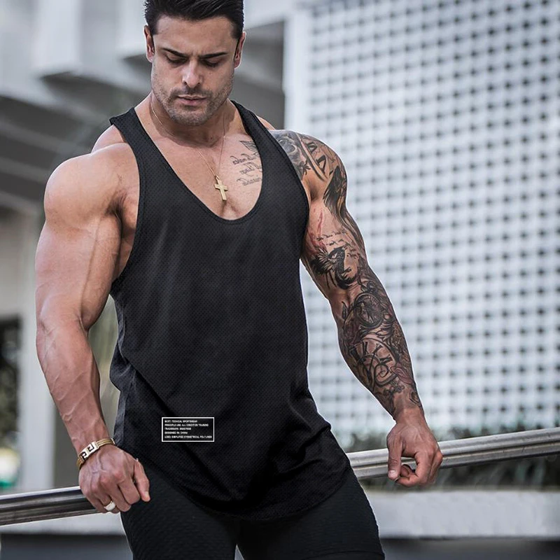 Quick Dry Summer Fitness Tank Top Men Bodybuilding Gym Clothing Fitness Sleeveless Shirt Slim Fit Vests Mesh Singlet Muscle Tops