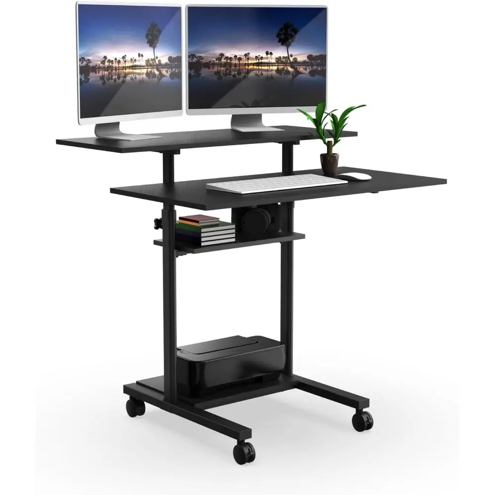

40 Wide Adjustable Height Rolling Desk Station with Multi-Level Shelves, Up to 64 Tall, Black