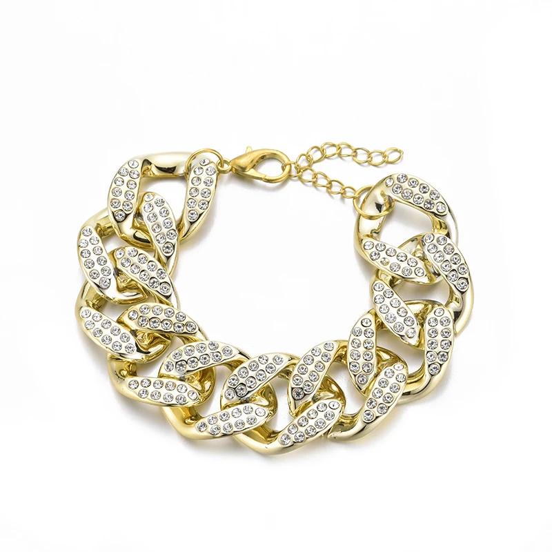 Fashion Big Wide Link Chain Bracelet Bangle For Women Rhinestone Crystal Paved Punk Hip-Hop Bracelets Jewelry Gold Silver Color