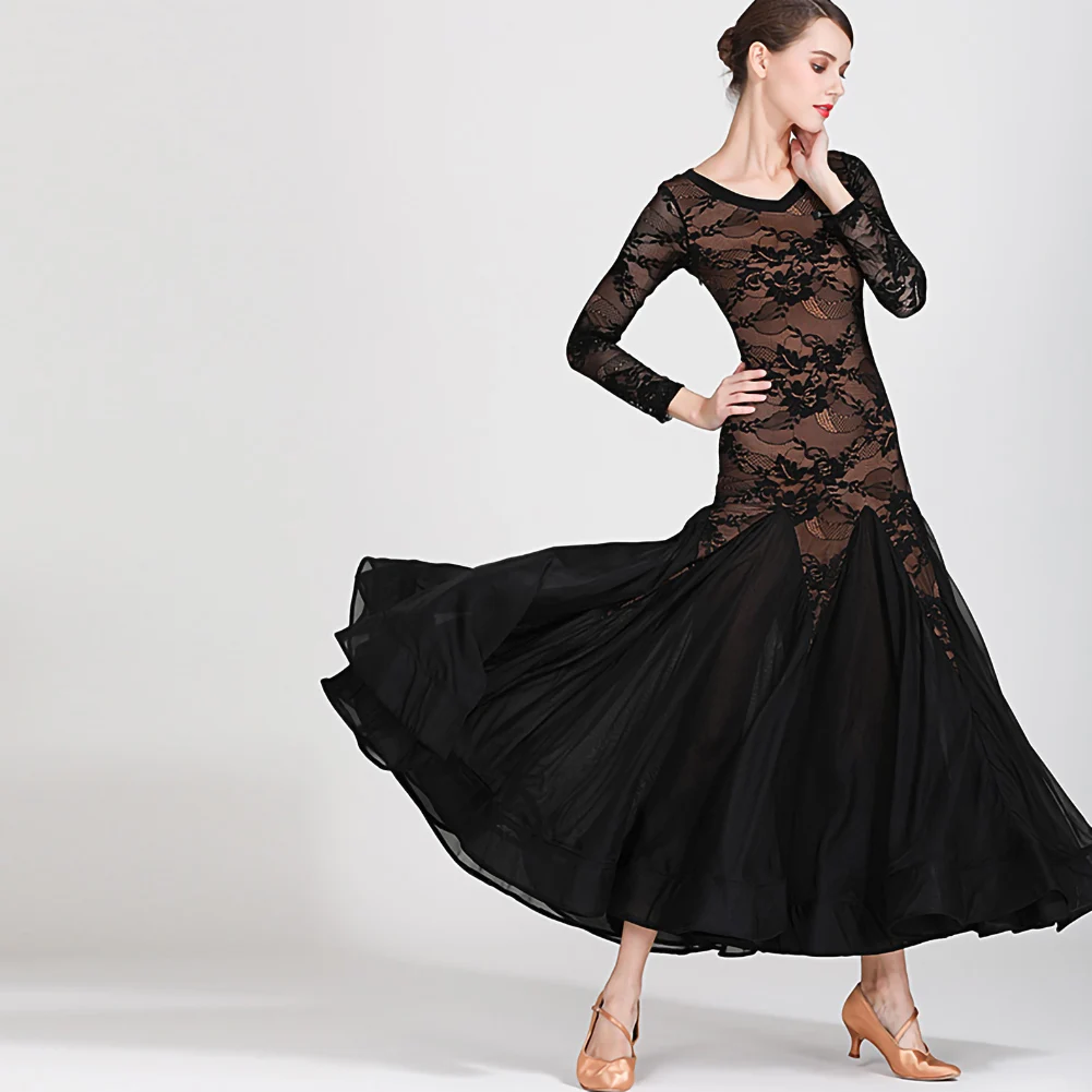 فستان رقص بمنظور أداء دانتيل أحمر نسائي بأكمام طويلة فستان رقص قاعة الرقص قياسي برقبة على شكل حرف V باللون الأسود