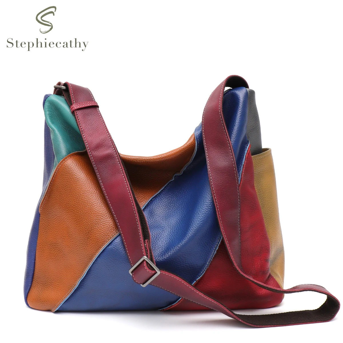 SC Luxury Genuine Cow Leather Shoulder Bag Women Painted Color Patchwork Large Capacity Slouchy Casual Soft Skin Crossbody Hobo