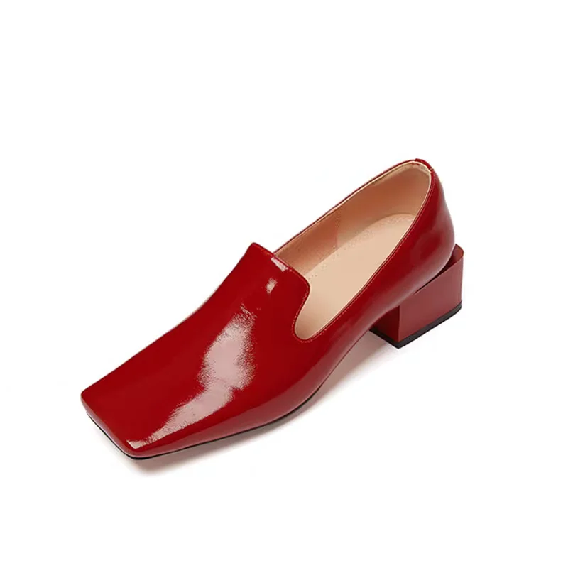 Womens Red Shoes Spring Block Heel Pumps Patent Leather Dress Work Pumps French Slip On Square Toe Cow Leather Elegant Footwear