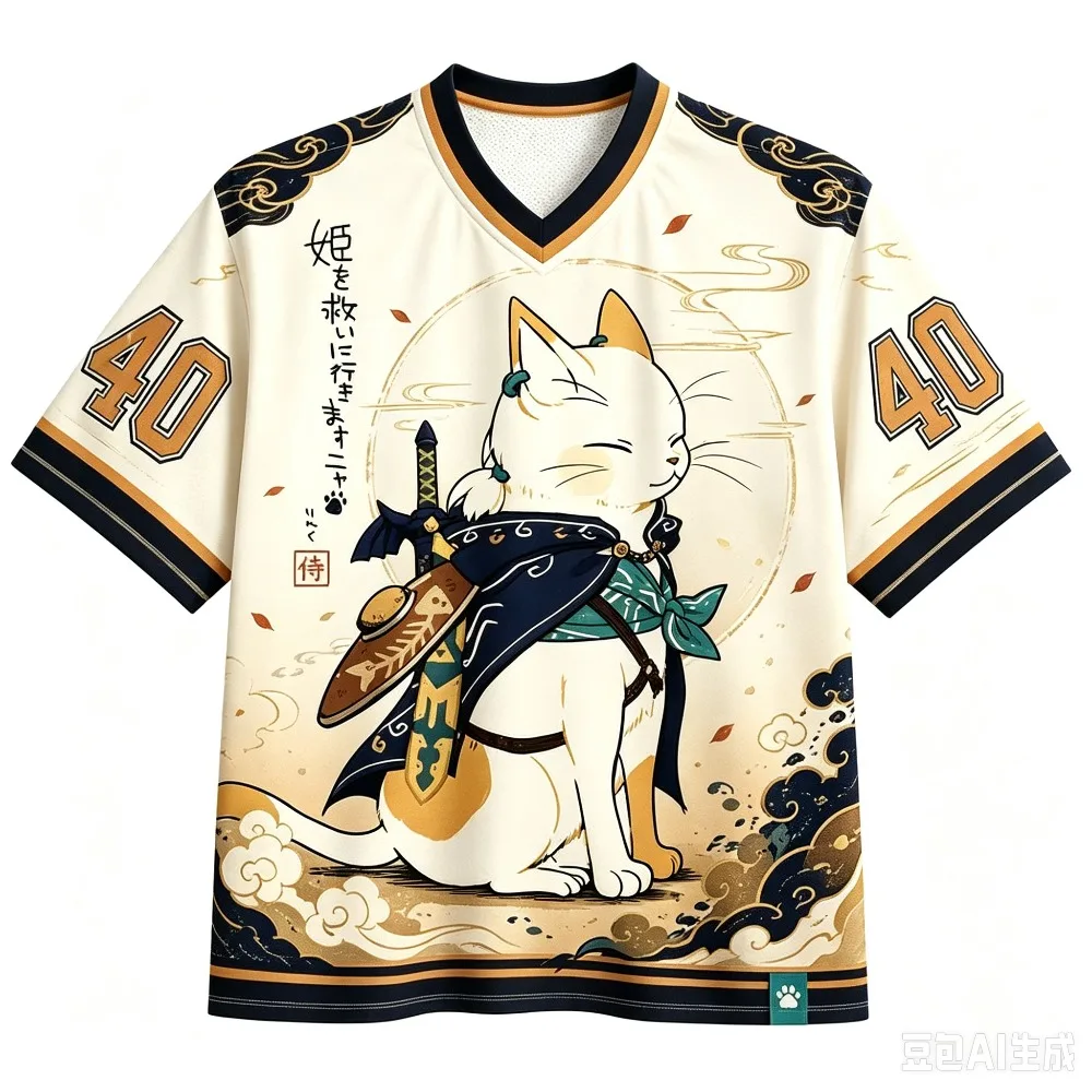 Harajuku Japanische Samurai-Katze 3D-Druck Sport Schnelltrocknend Atmungsaktiv Herren V-Ausschnitt T-Shirt Outdoor Street Casual Y2K Eltern-Kind-Kleidung – Detail 7